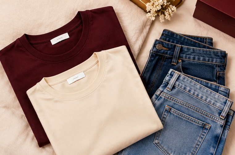 Illustrative T-shirt and jeans styling; current designs may vary